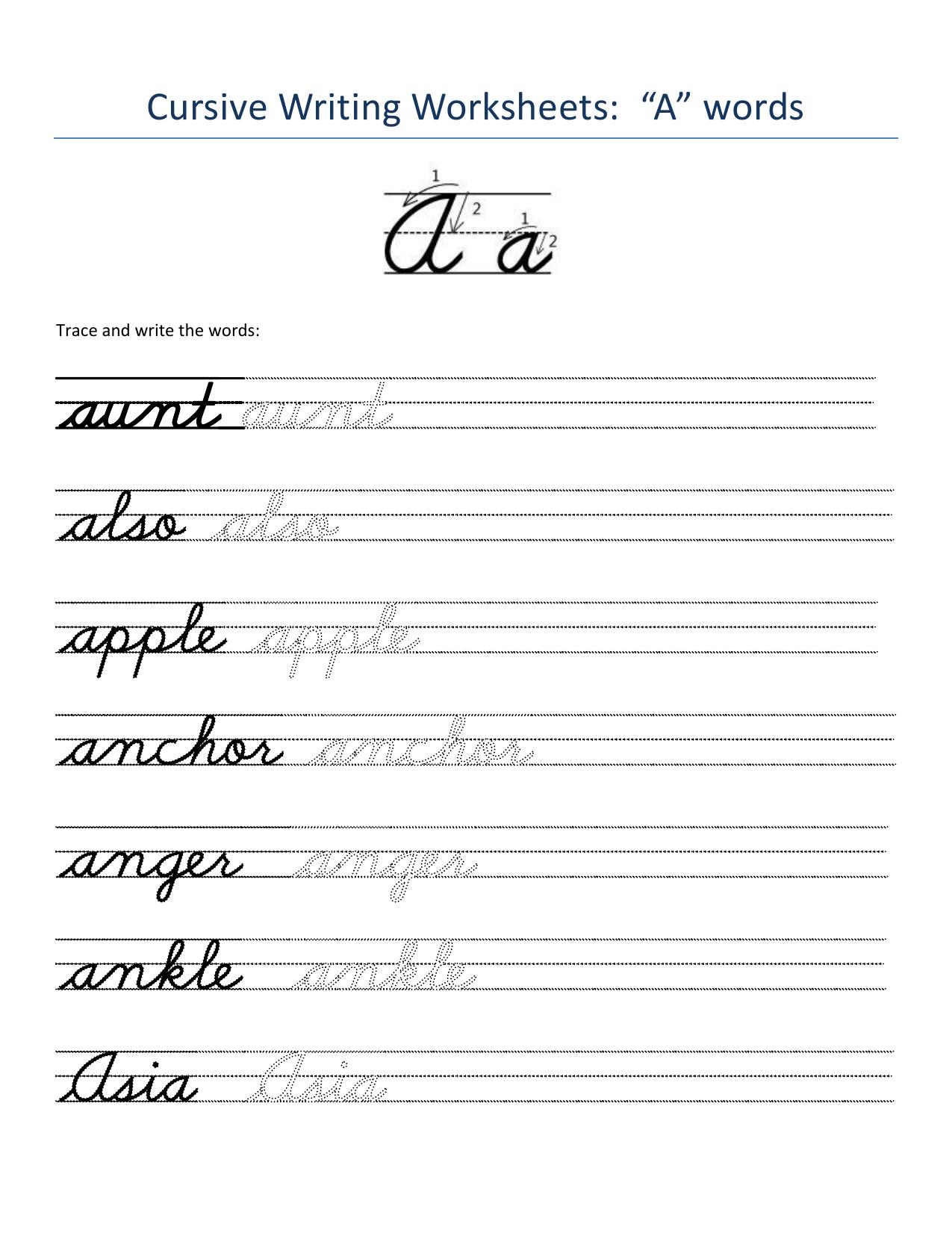 Cursive Words Worksheets - Page 1