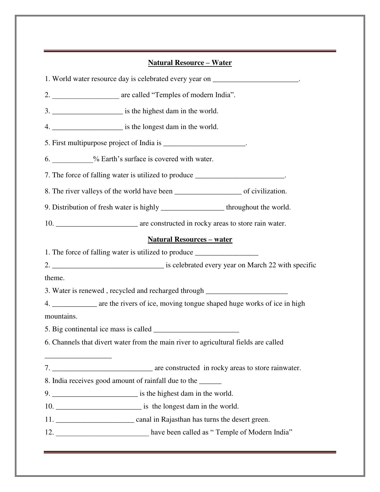 CBSE Worksheets for Class 8 Social Science NATURAL RESOURCE – WATER Assignment - Page 1