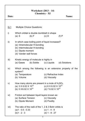 CBSE Worksheets for Class 11 Chemistry Assignment 1