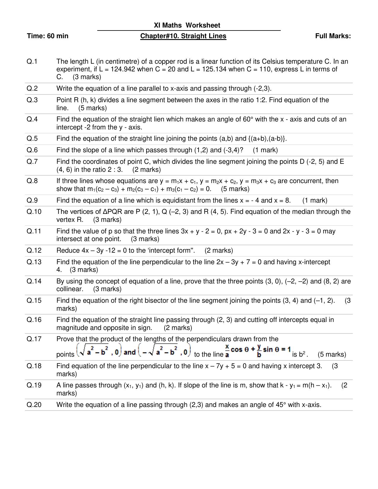 CBSE Worksheets for Class 11 Mathematics Straight Lines Assignment 1 - Page 1