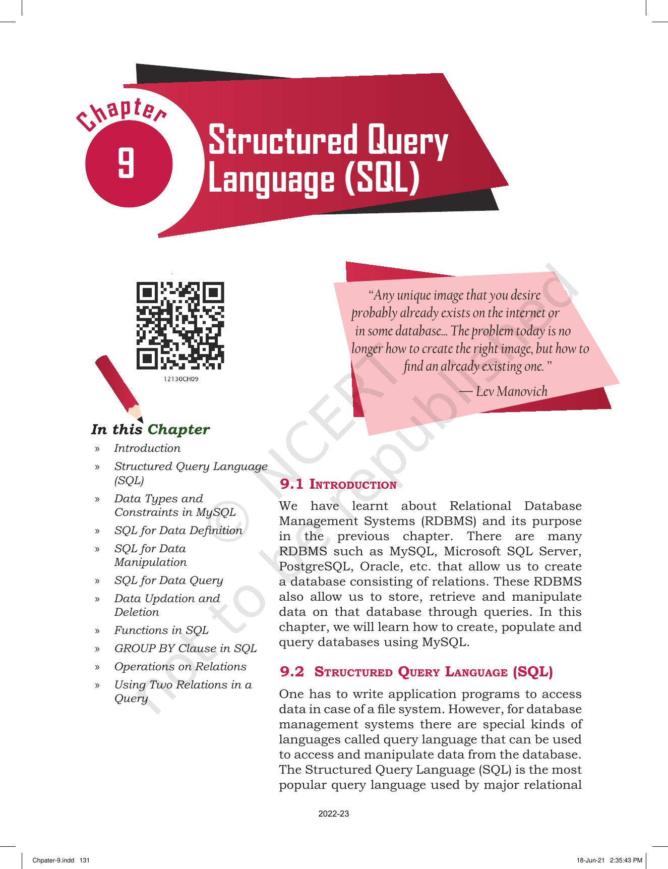 NCERT Book for Class 12 Computer Science Chapter 9 Structured Query Language(SQL) - Page 1