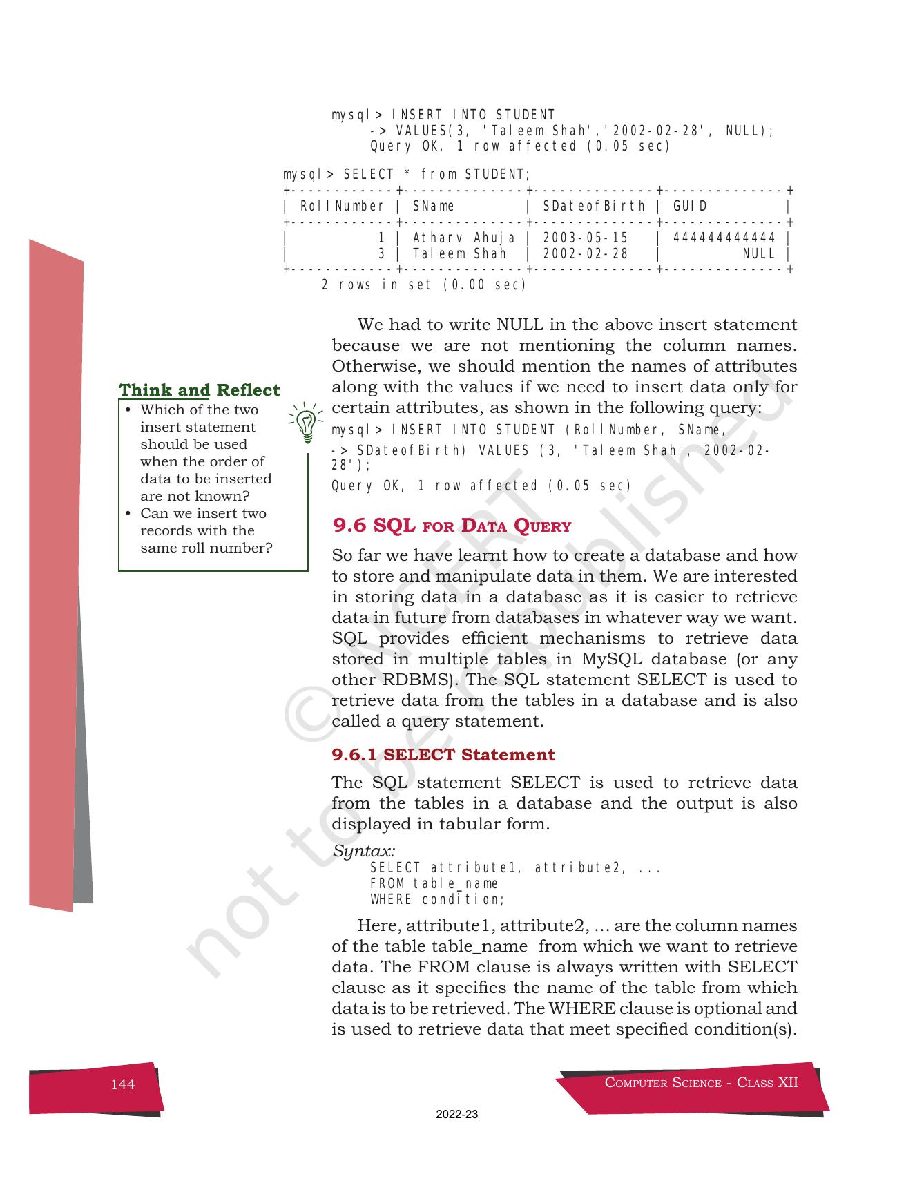 NCERT Book for Class 12 Computer Science Chapter 9 Structured Query Language(SQL) - Page 14