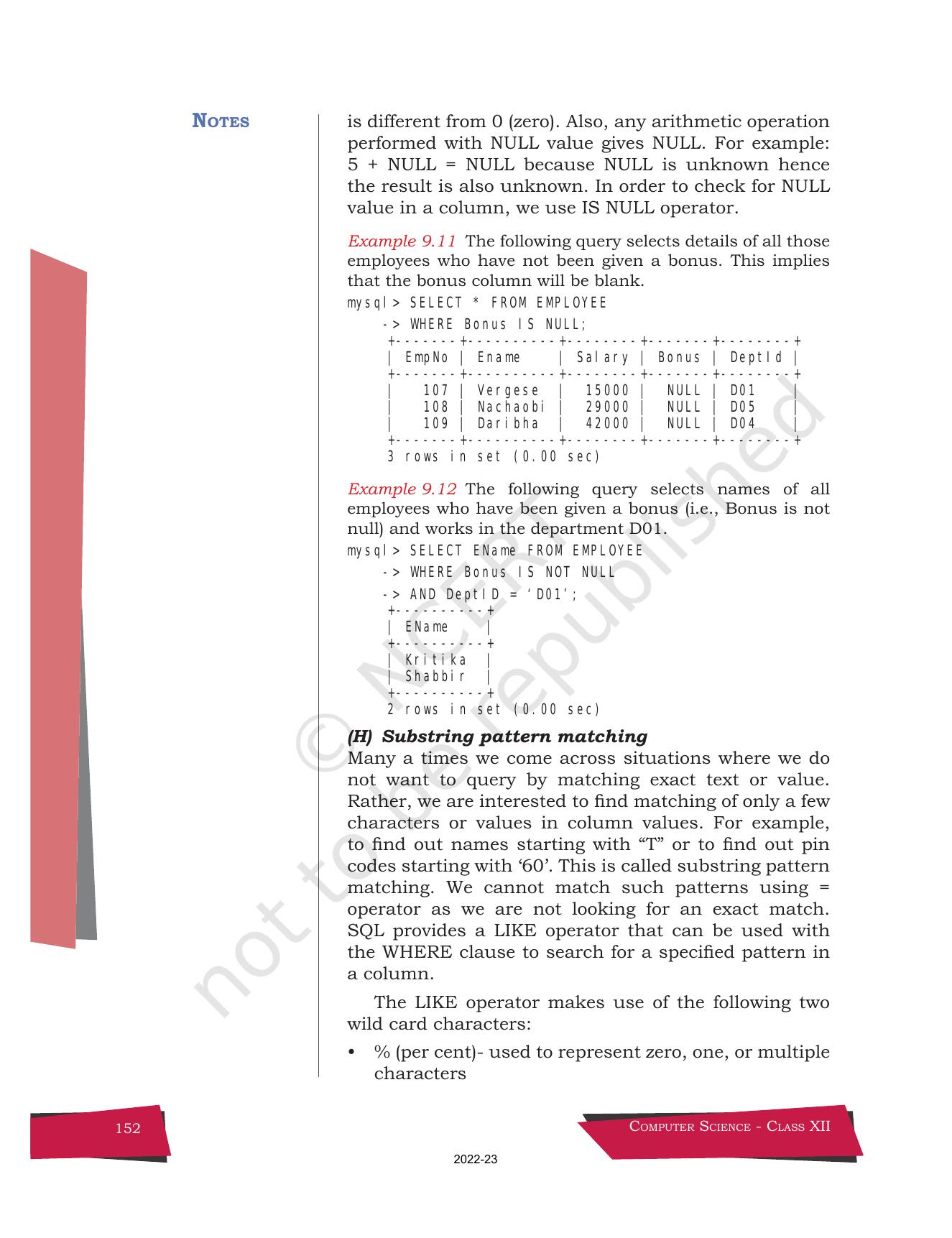 NCERT Book for Class 12 Computer Science Chapter 9 Structured Query Language(SQL) - Page 22