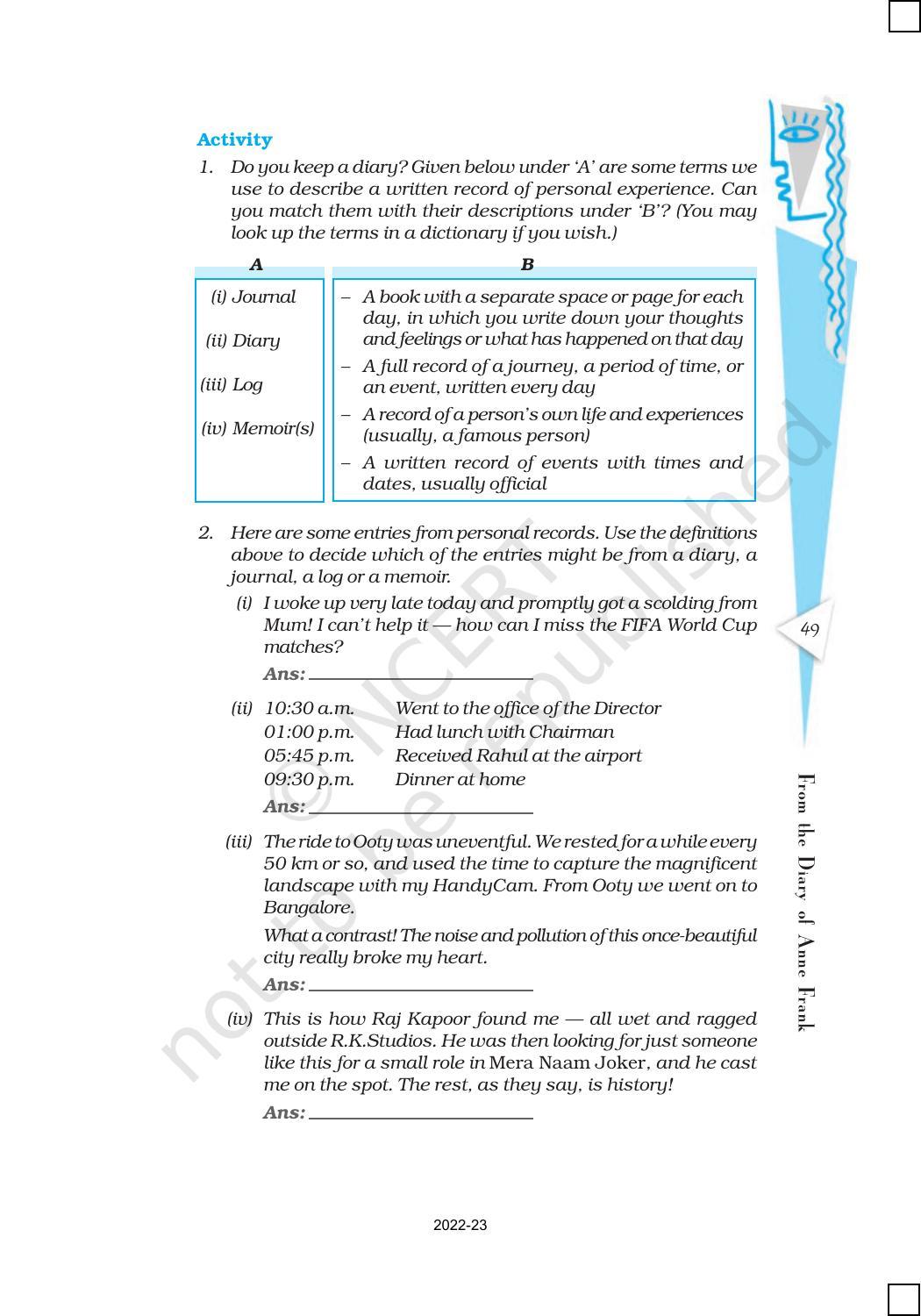 NCERT Book for Class 10 English (First Flight) Chapter 4 From the Diary ...