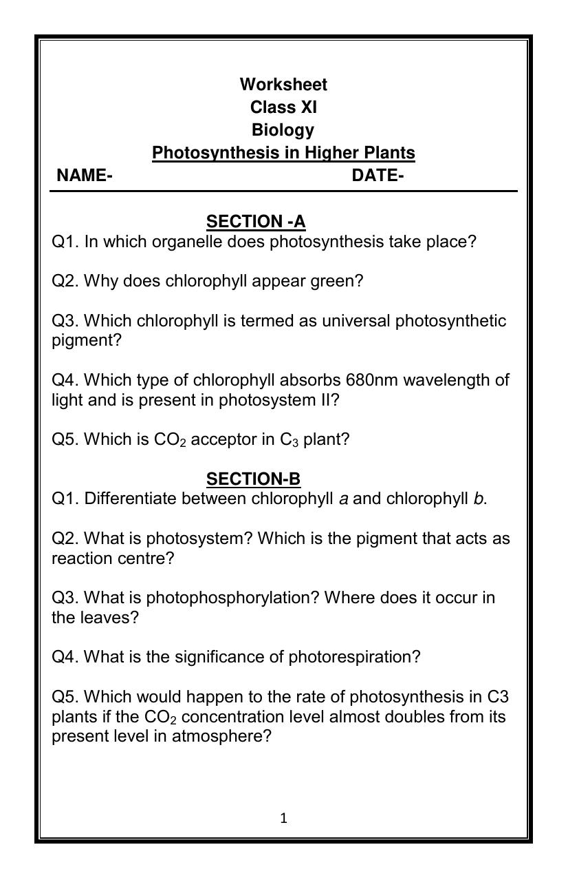 CBSE Worksheets for Class 11 Biology Photosynthesis in Higher Plants Assignment - Page 1