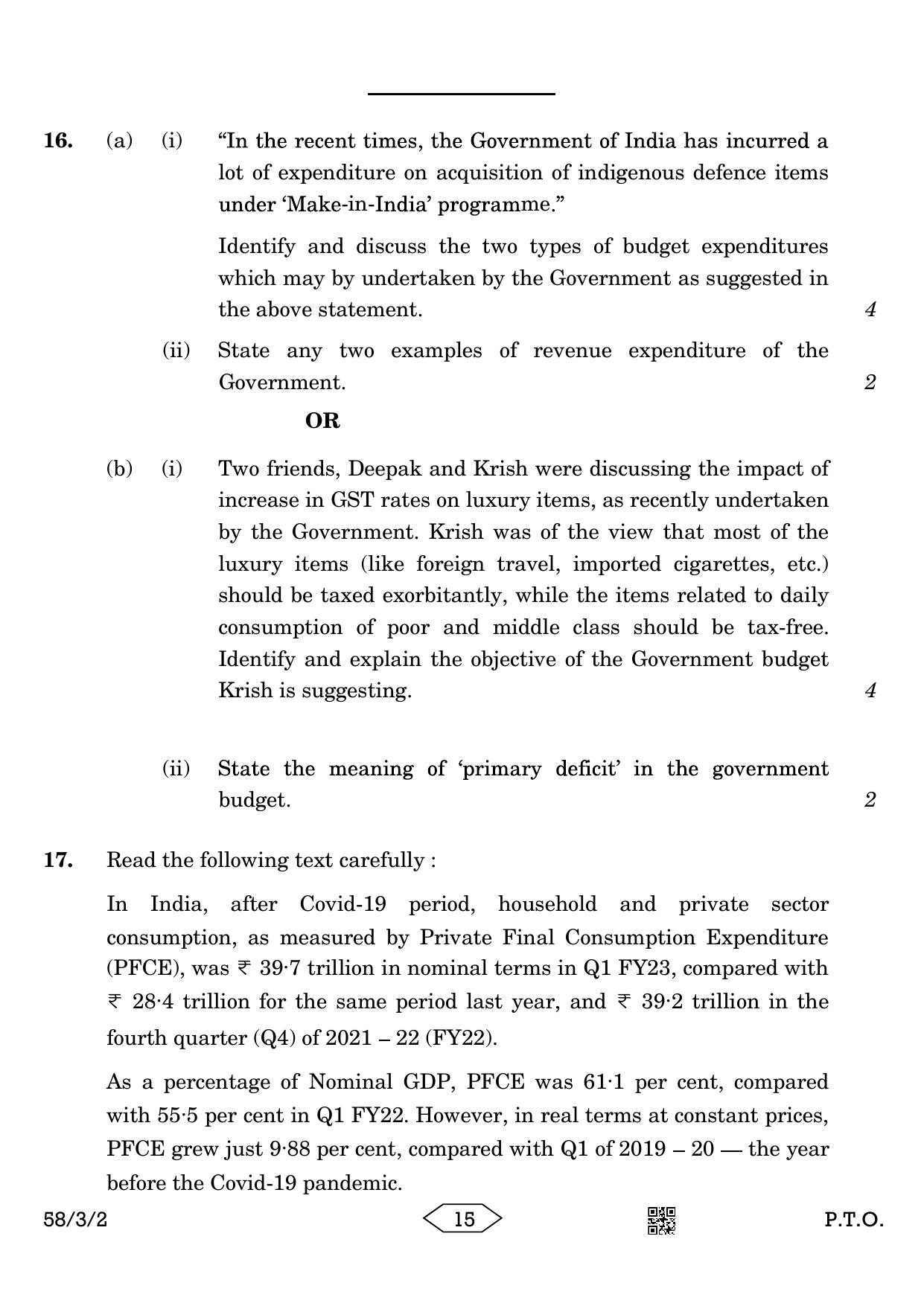 CBSE Class 12 58-3-2 Economics 2023 Question Paper - Page 15