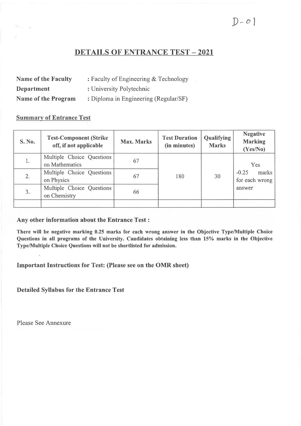 JMI Entrance Exam D01-Diploma in Engg (Regular / Self Financed) Syllabus - Page 1