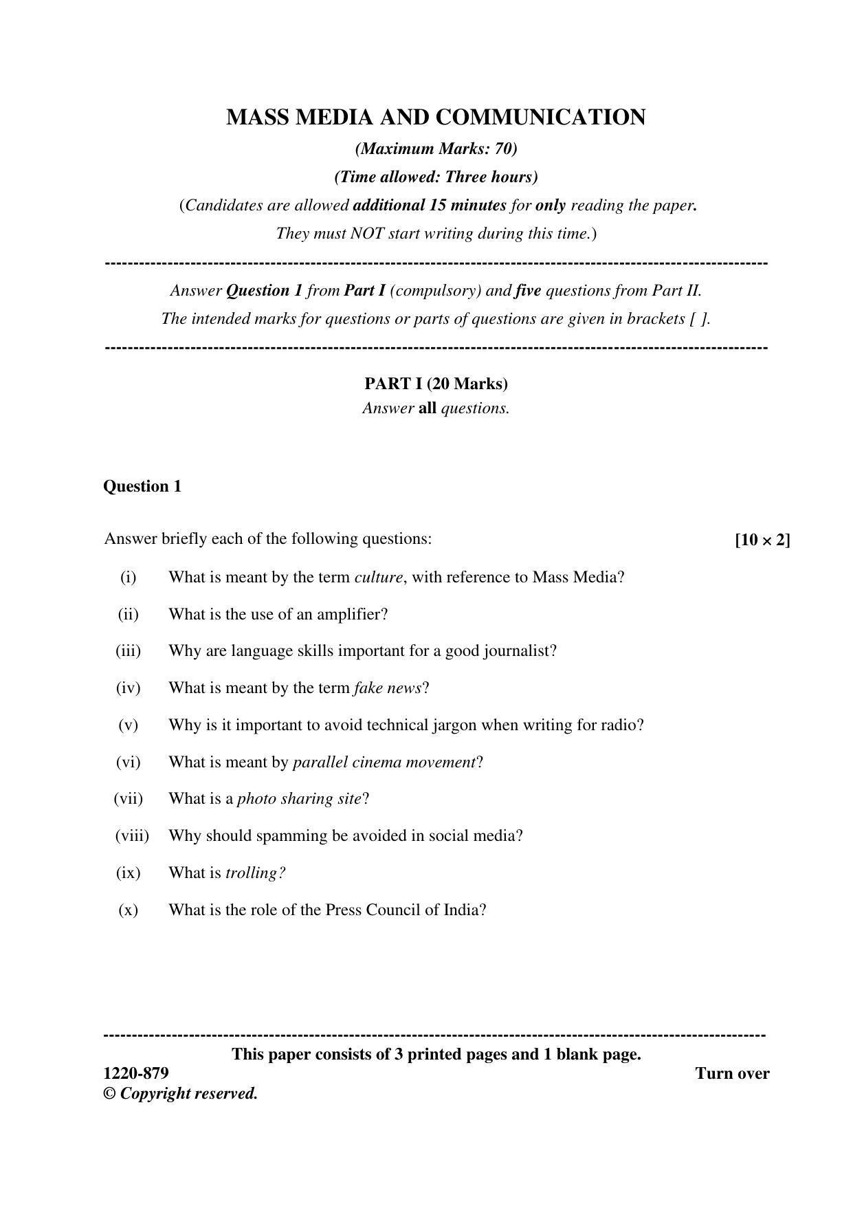 ISC Class 12 2020 Mass Media & Communication Question Paper - Page 1