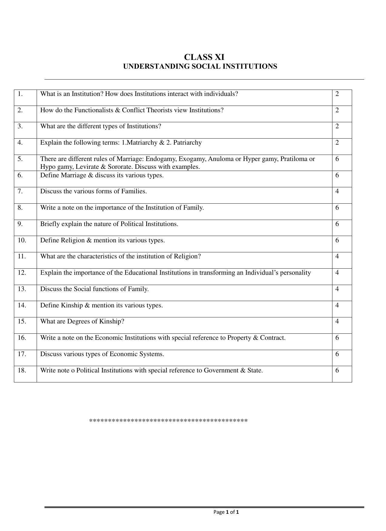 CBSE Worksheets for Class 11 Sociology Understanding Social Institutions Assignment - Page 1