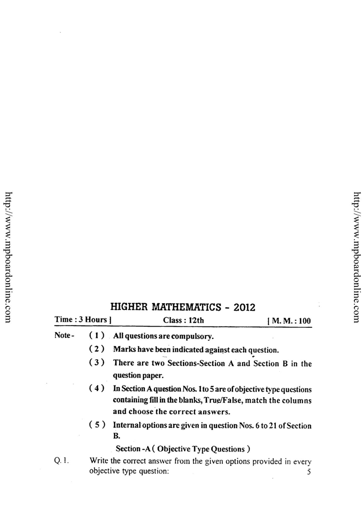 MP Board Class 12 Higher Mathematics (English Medium) 2012 Question ...