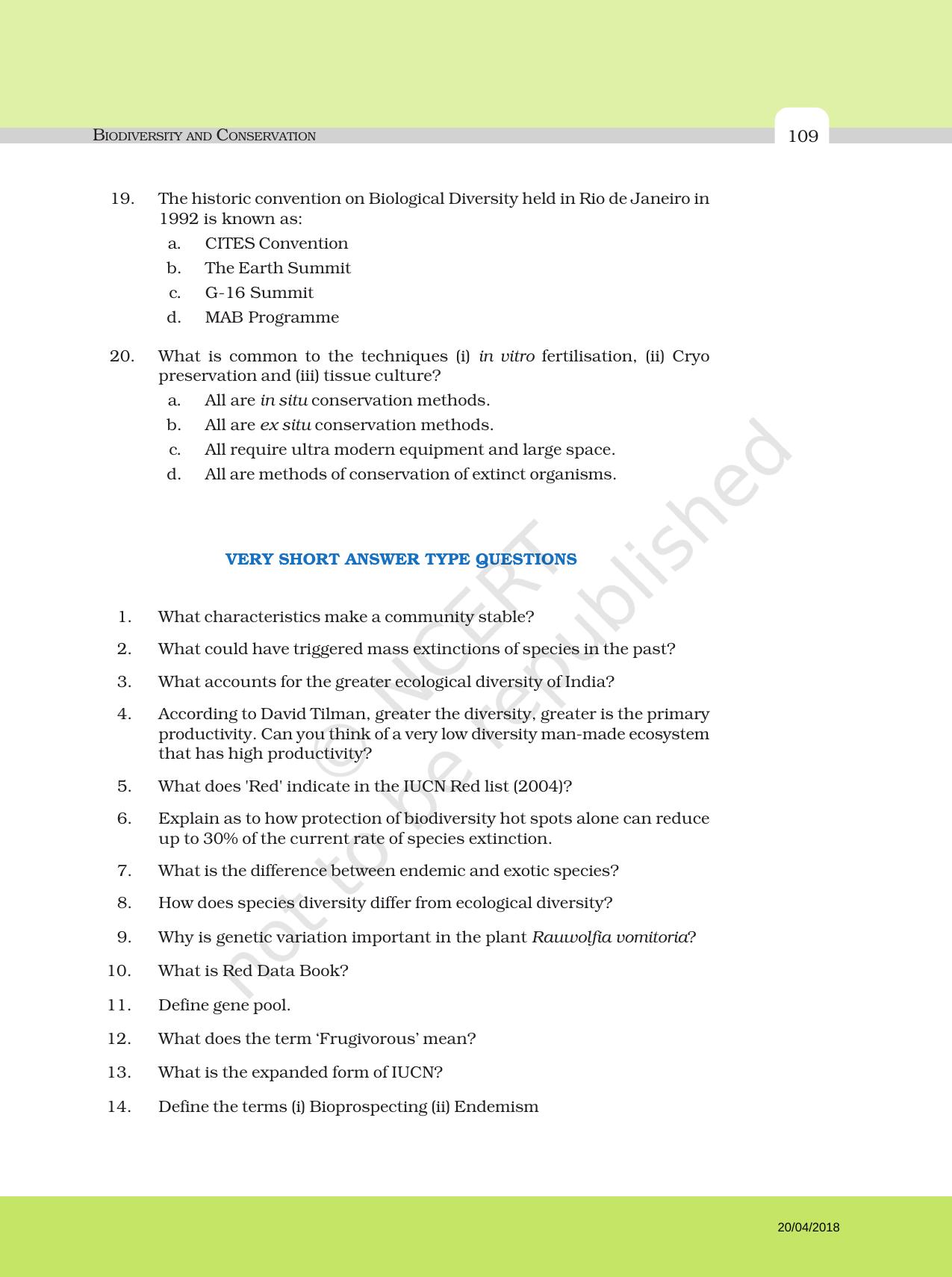 NCERT Exemplar Book For Class 12 Biology Chapter 15 Biodiversity And ...