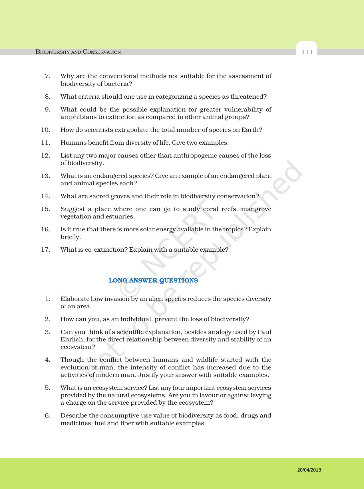 NCERT Exemplar Book For Class 12 Biology Chapter 15 Biodiversity And ...