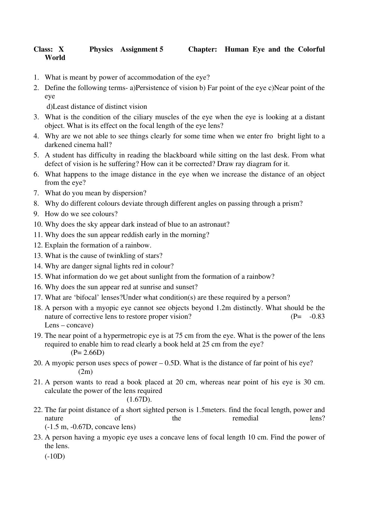 cbse class 10 physics assignment