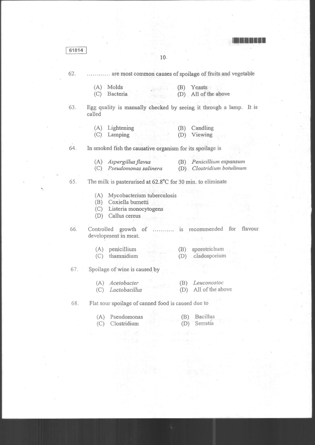 CUSAT CAT 2014 Food Science Question Paper - IndCareer Docs