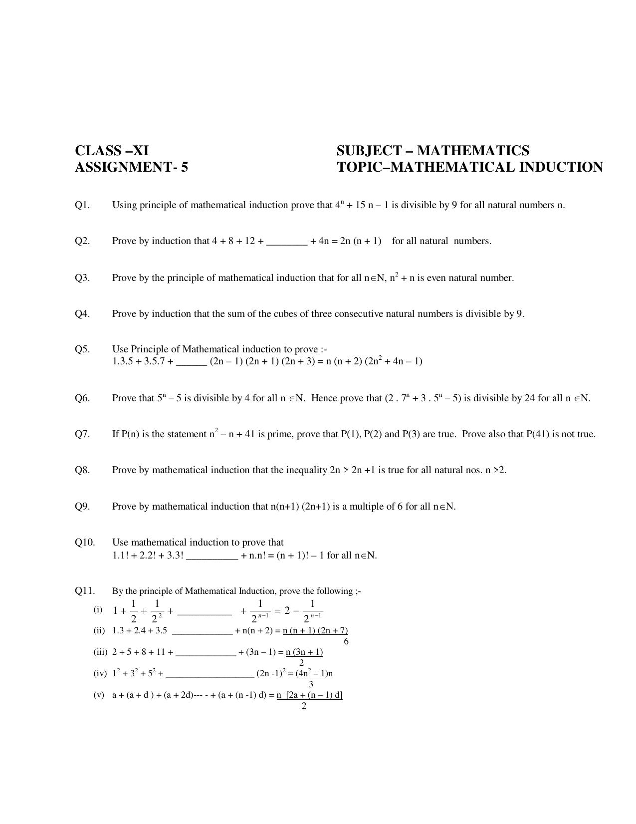 CBSE Worksheets for Class 11 Mathematics Principle of Mathematical Induction Assignment 2 - Page 1