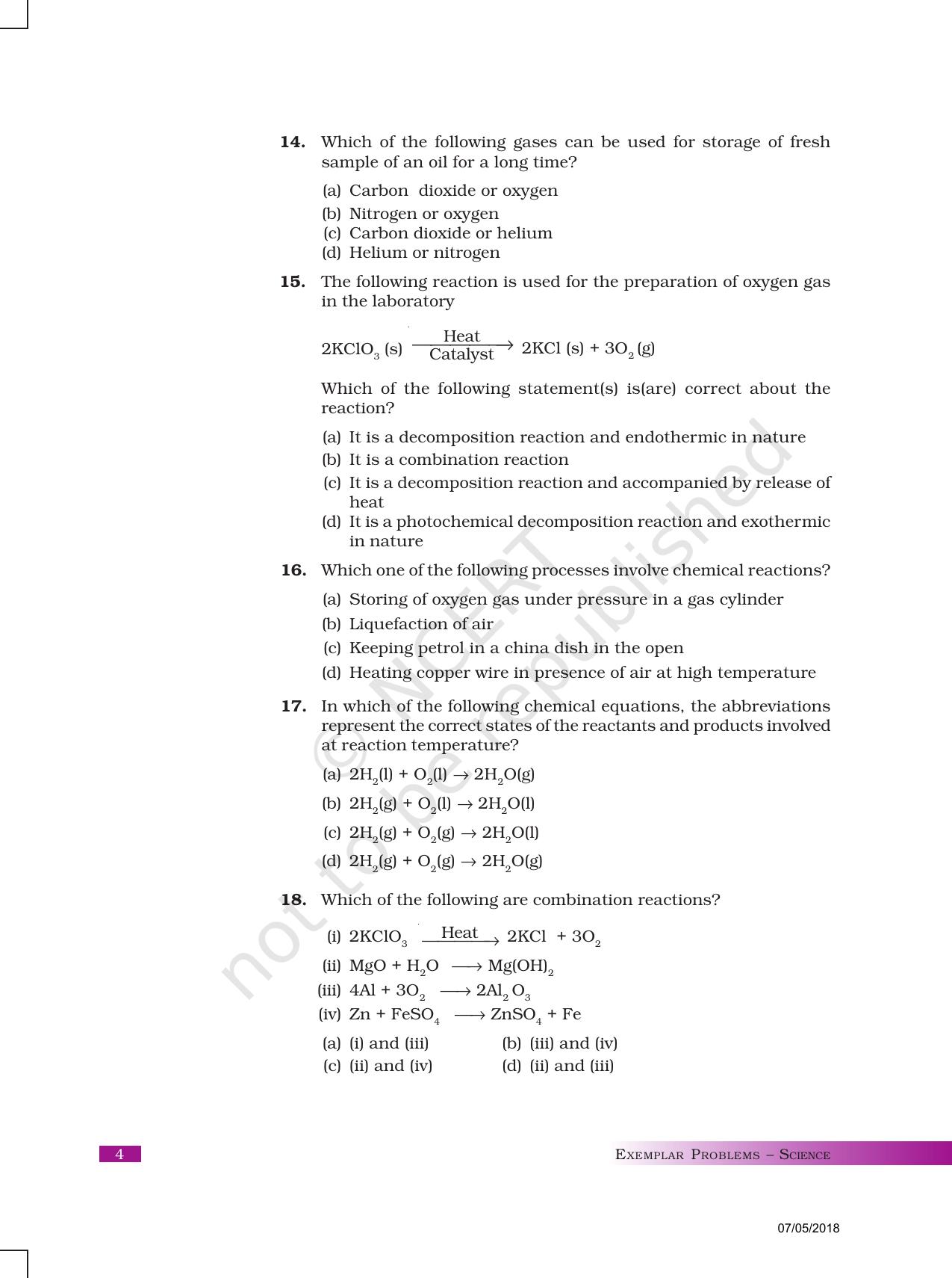 NCERT Exemplar Book For Class 10 Science Chapter 1 Chemical Reactions ...