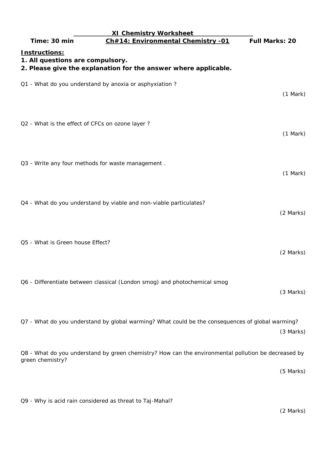 CBSE Worksheets for Class 11 Chemistry Environmental Chemistry Assignment 1 - Page 1