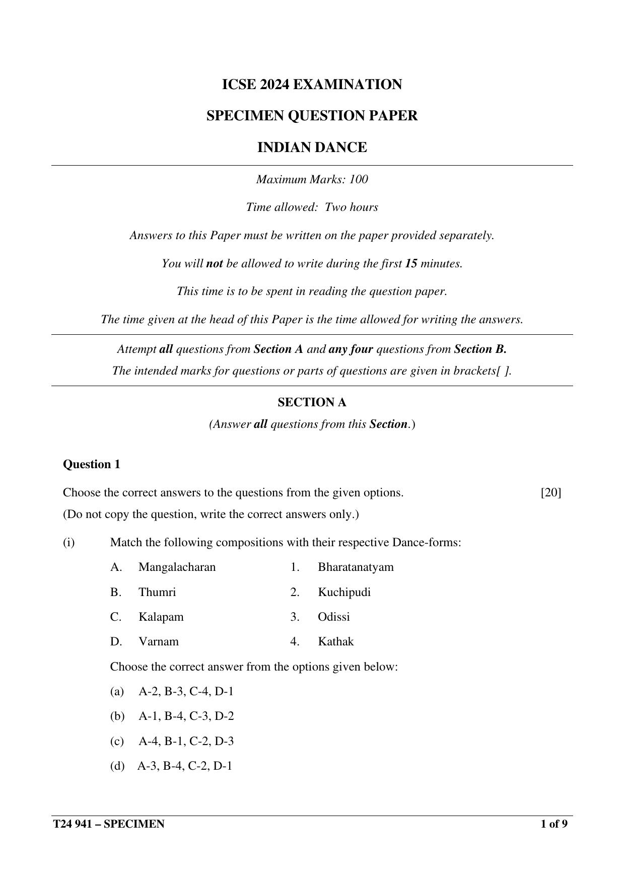 ICSE Class 10  2024 INDIAN DANCE Sample Paper - Page 1