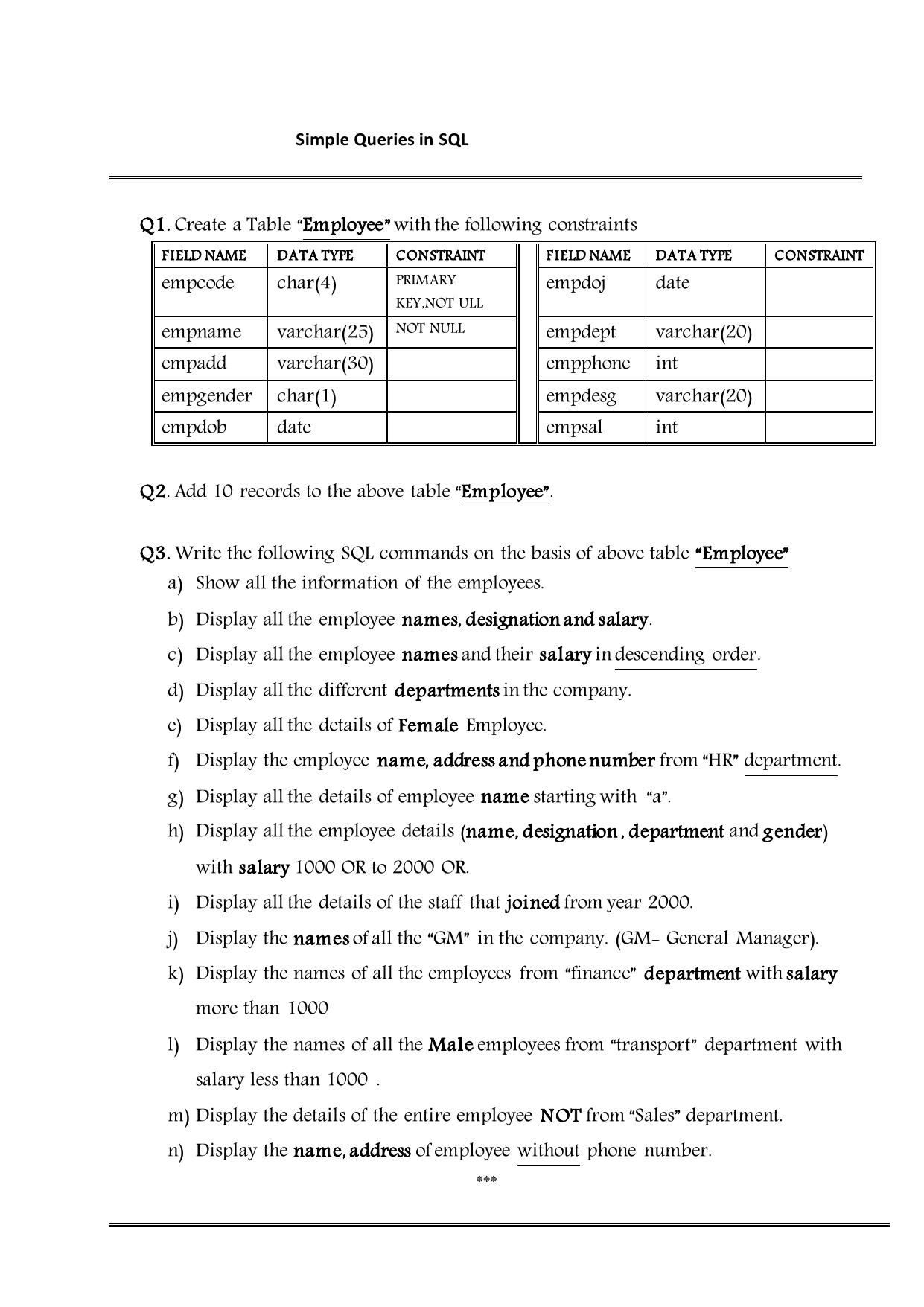 CBSE Worksheets for Class 11 Information Practices Functions in My SQL Assignment 2 - Page 1