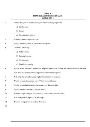 CBSE Worksheets for Class 11 Biology Breathing and Exchange of Gases Assignment