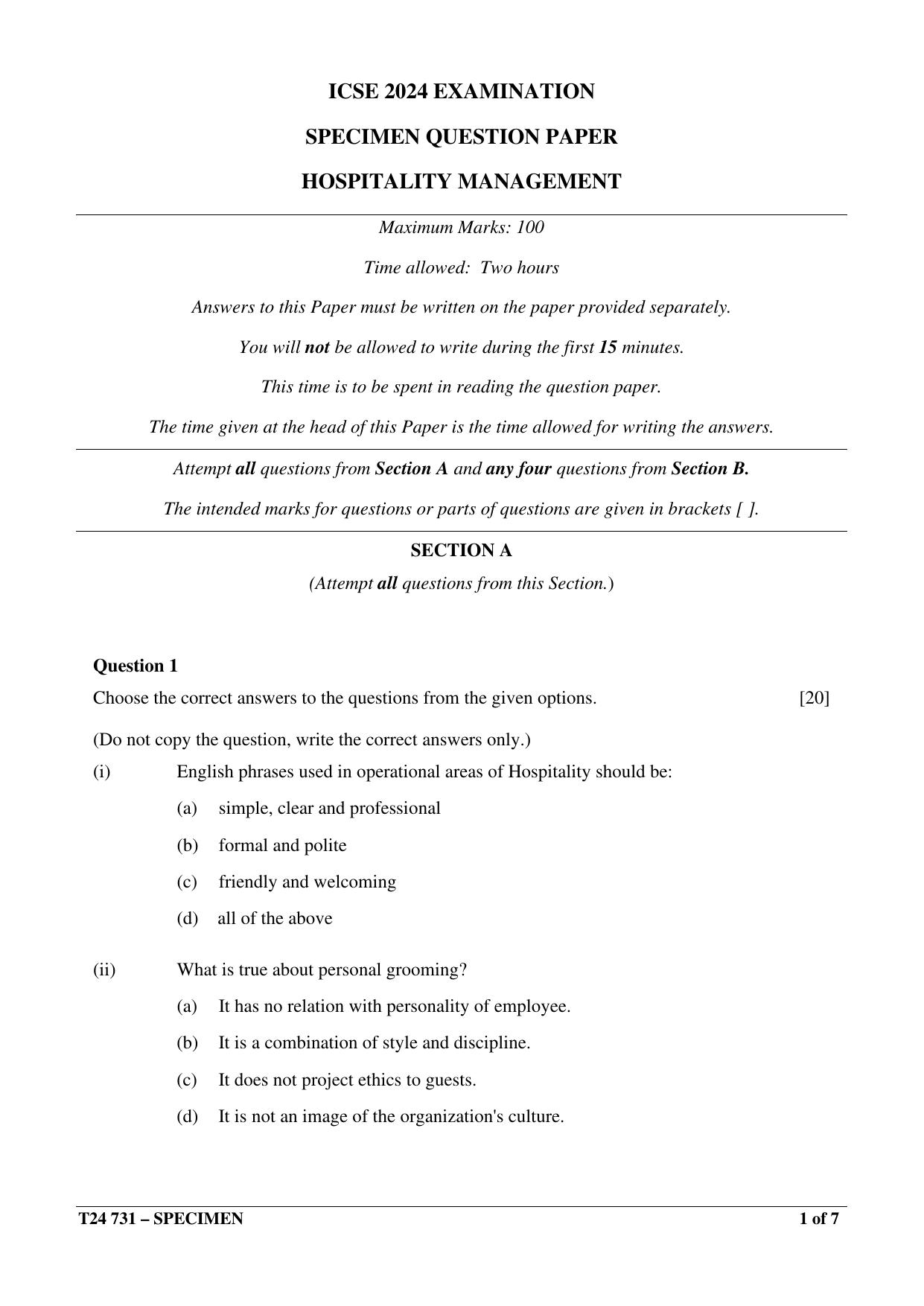 ICSE Class 10  2024 HOSPITALITY MANAGEMENT Sample Paper - Page 1