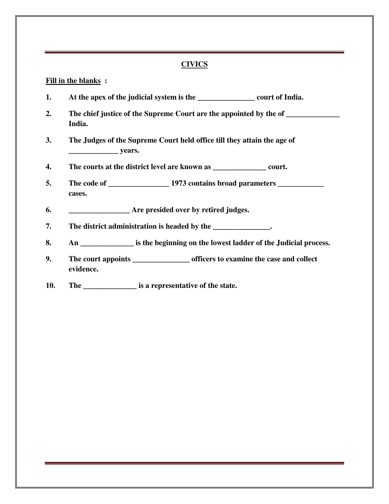 CBSE Worksheets for Class 8 Social Science Civics Assignment - Page 1