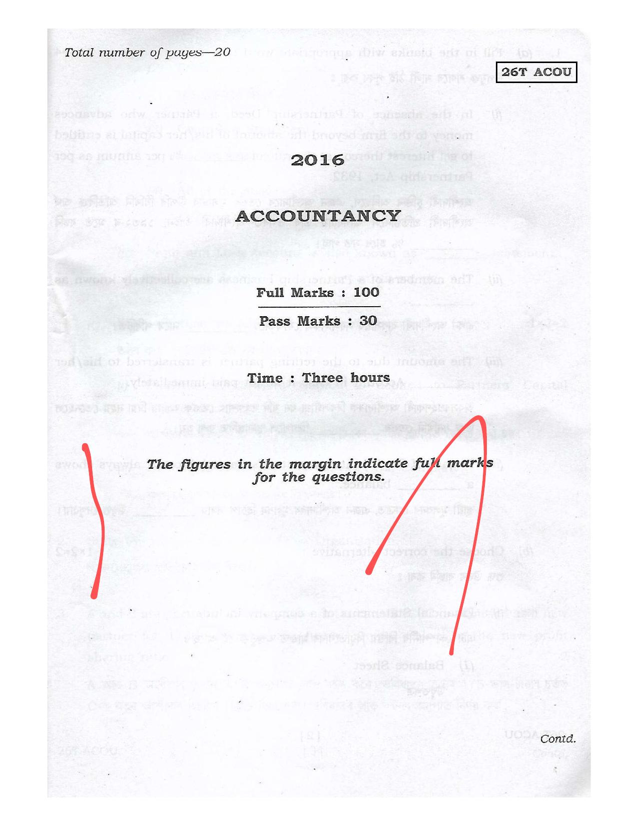 Assam HS 2nd Year Accountancy 2016 Question Paper - Page 1