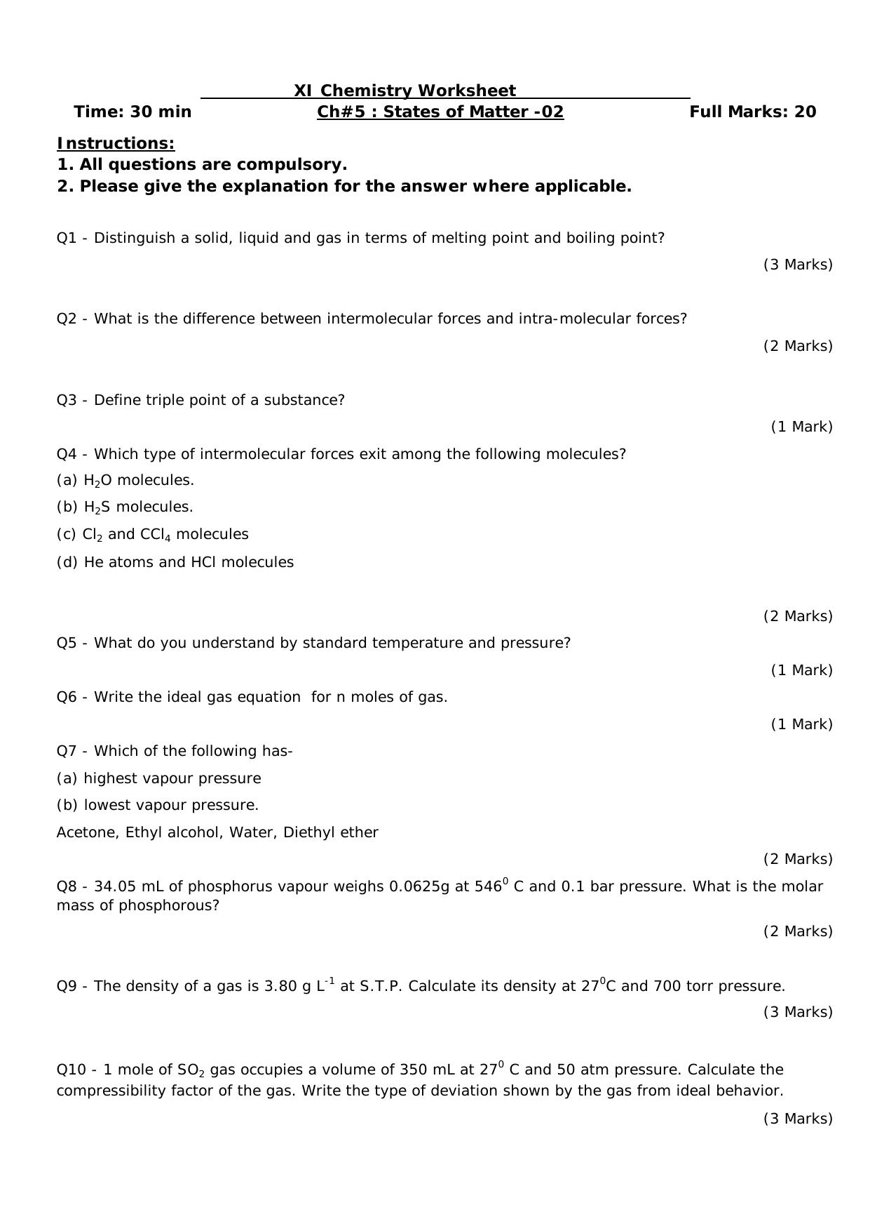 CBSE Worksheets for Class 11 Chemistry States of Matter Assignment 2 - Page 1