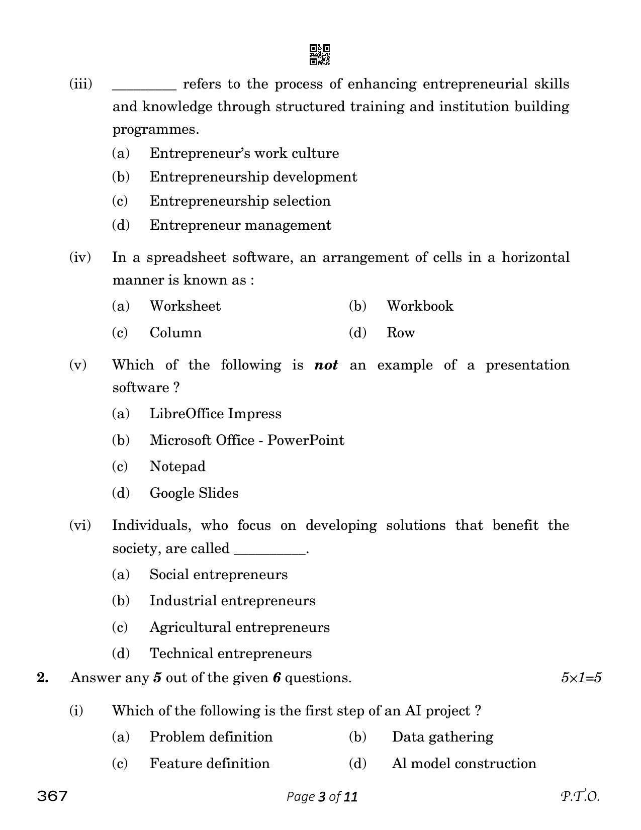 CBSE Class 12 Artificial Intelligence (Compartment) 2023 Question Paper ...