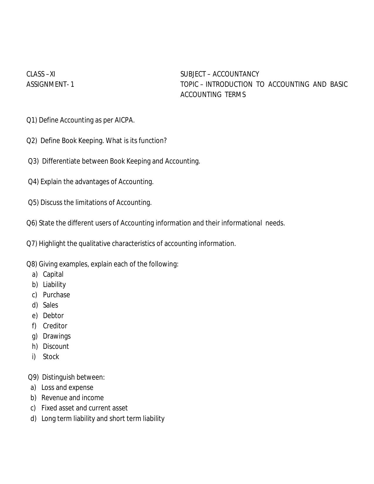 CBSE Worksheets for Class 11 Accountancy Assignment 5 - Page 1