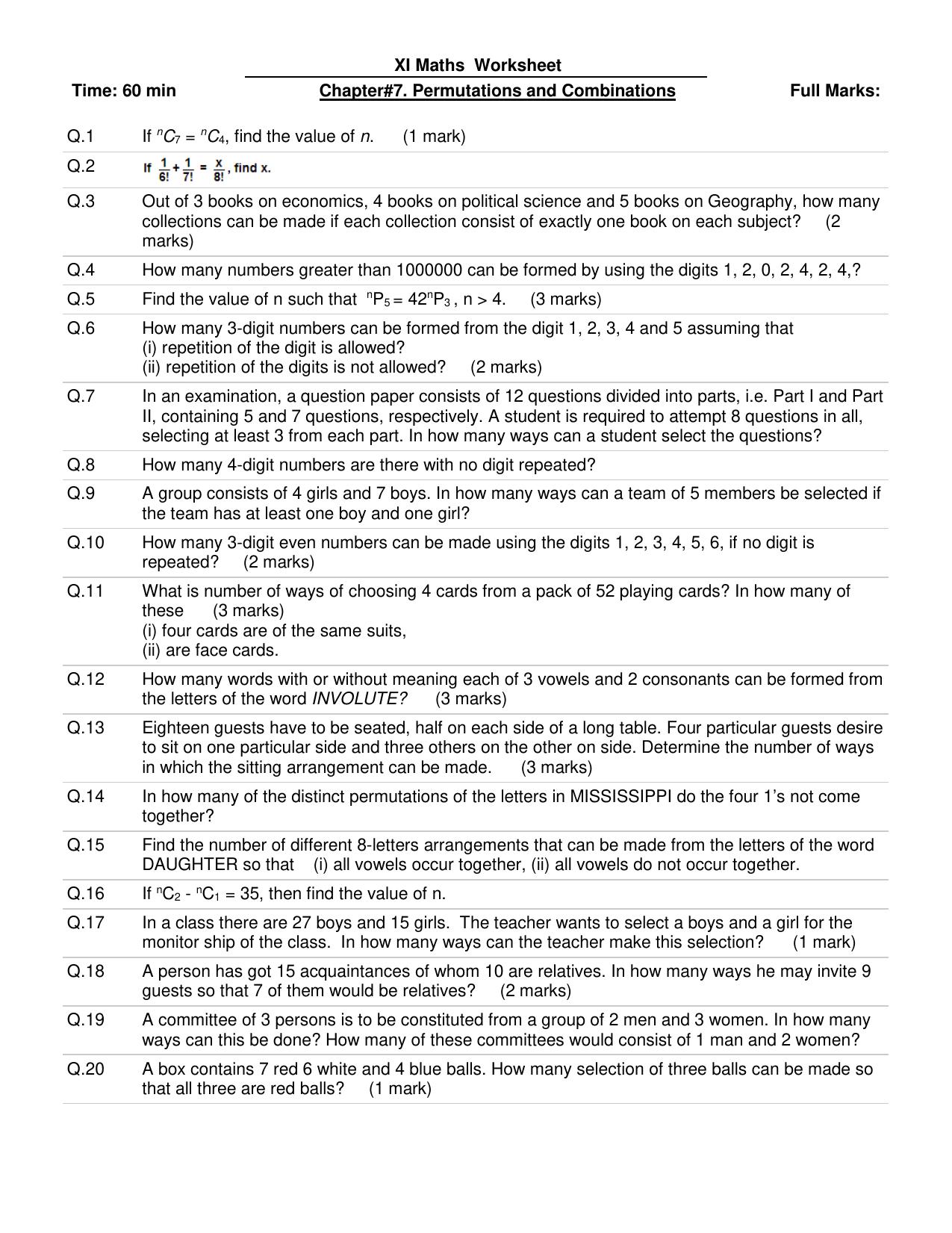CBSE Worksheets for Class 11 Mathematics Permutations and Combinations Assignment 1 - Page 1