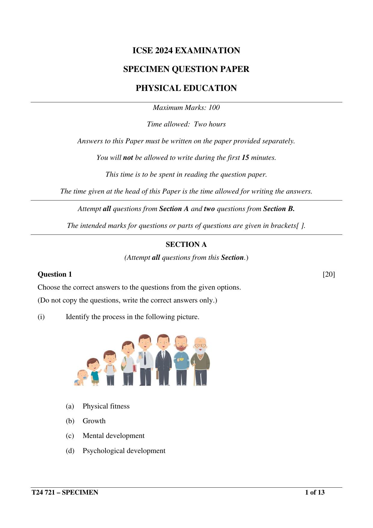 ICSE Class 10  2024 PHYSICAL EDUCATION Sample Paper - Page 1