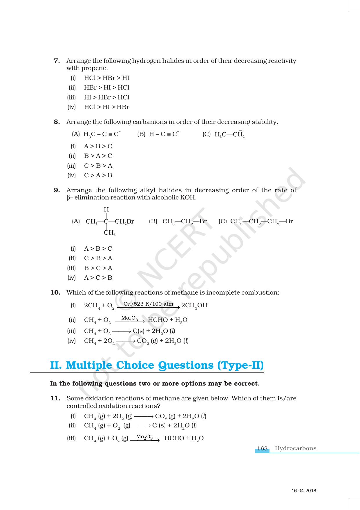 NCERT Exemplar Book For Class 11 Chemistry Chapter 13 Hydrocarbons