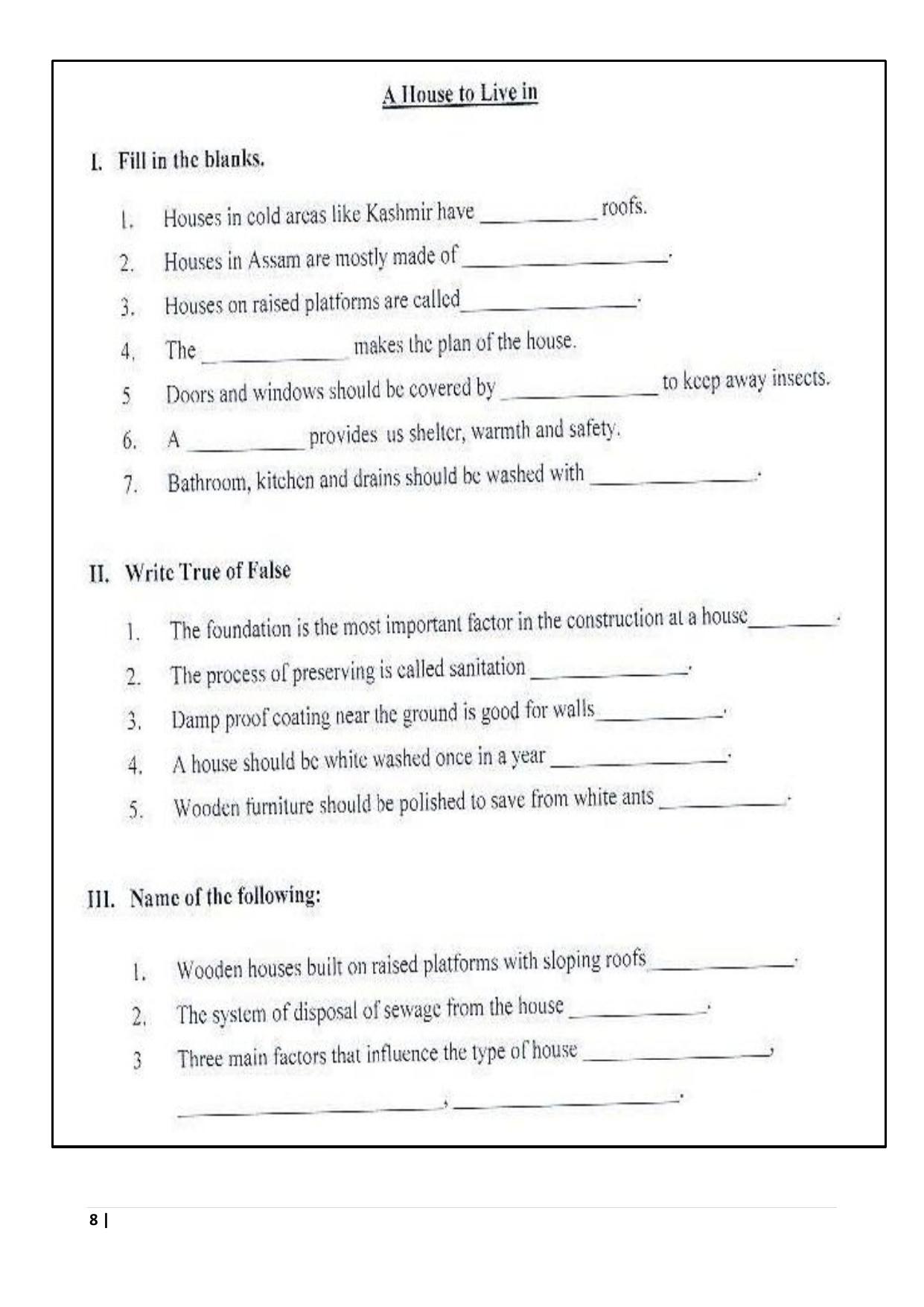 Worksheet for Class 5 Science A House to Live in Assignment 1 - Page 1