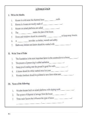 Worksheet for Class 5 Science A House to Live in Assignment 1