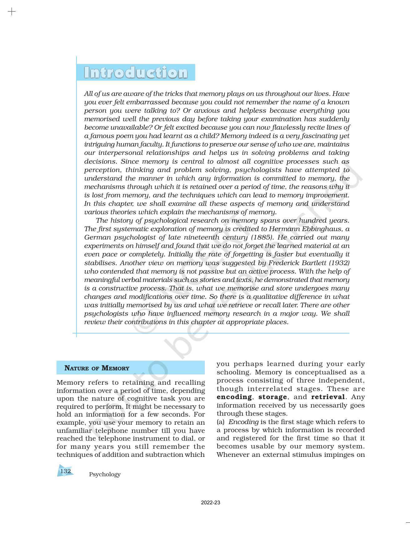 NCERT Book For Class 11 Psychology Chapter 7 Human Memory