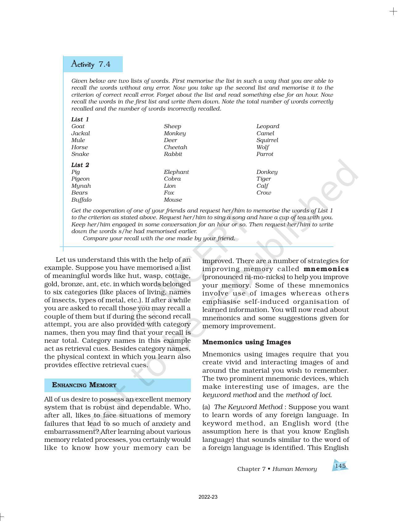 NCERT Book For Class 11 Psychology Chapter 7 Human Memory