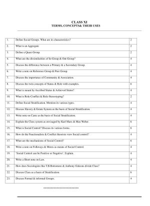 CBSE Worksheets for Class 11 Sociology Terms Concepts and Uses Assignment 1