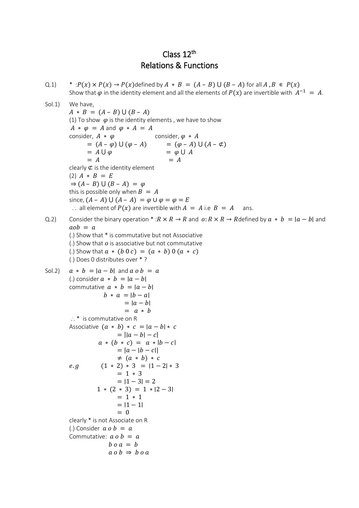 CBSE Class 12 Maths Relations and Functions Assignment 3 - Page 1