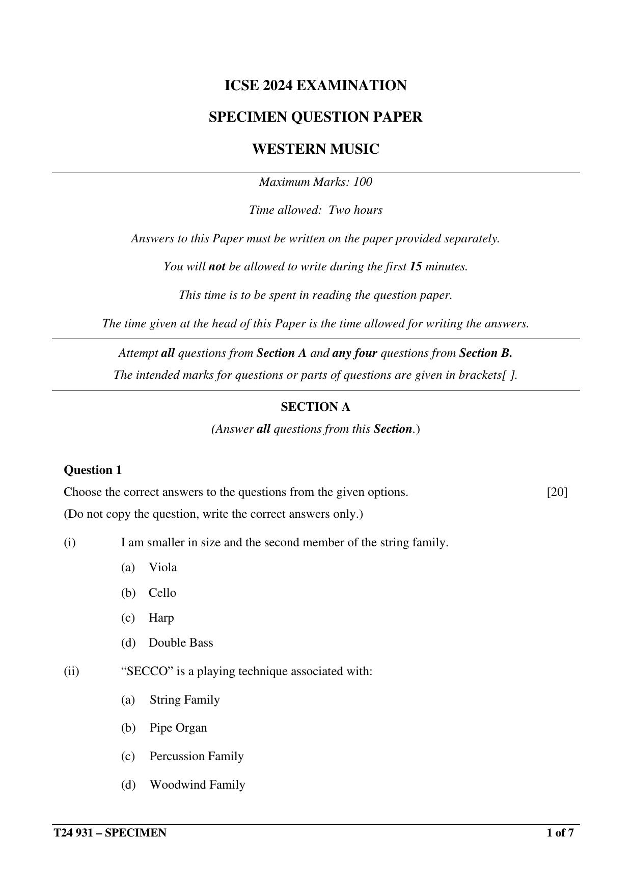 ICSE Class 10  2024 WESTERN MUSIC Sample Paper - Page 1
