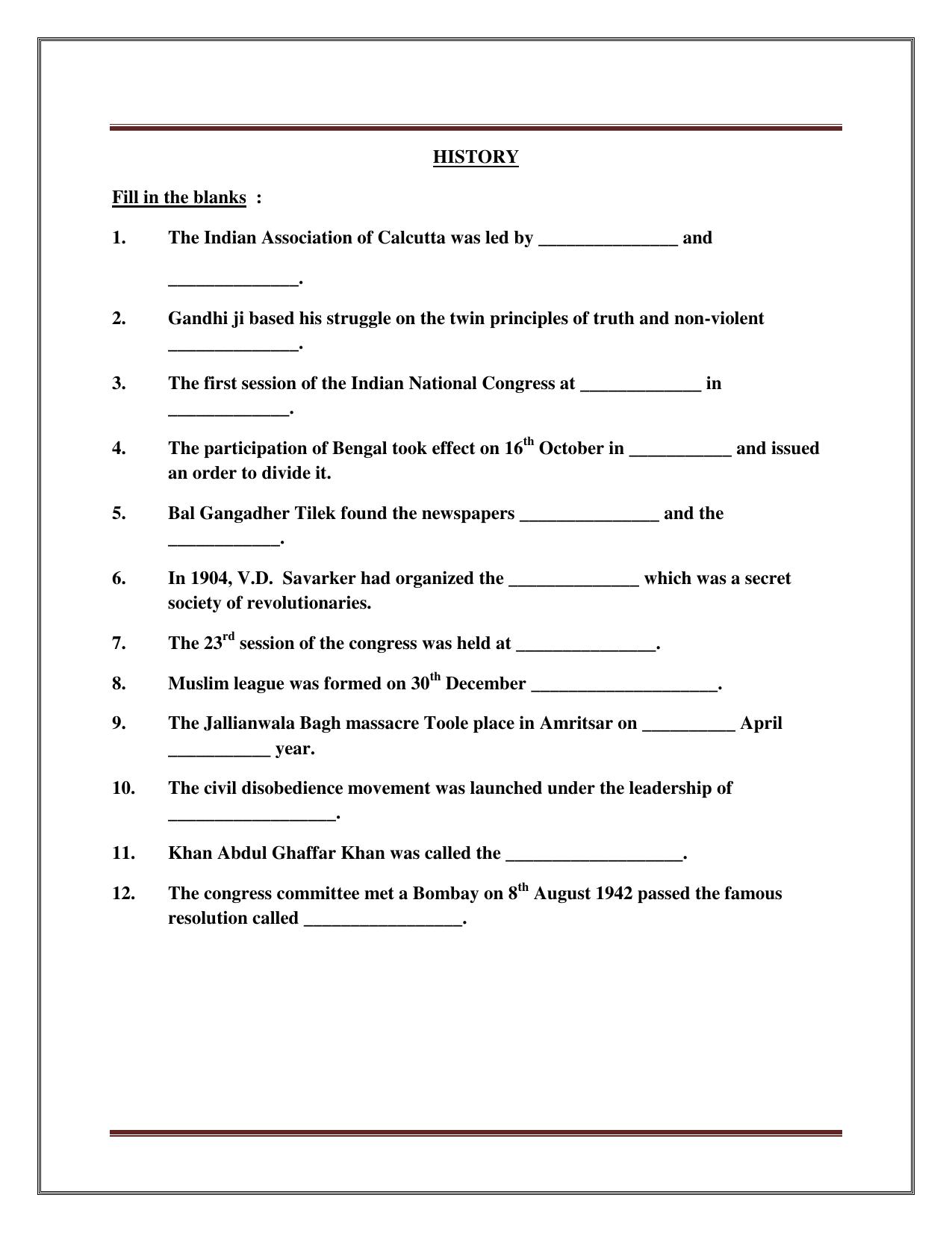 CBSE Worksheets for Class 8 Social Science History Assignment - Page 1