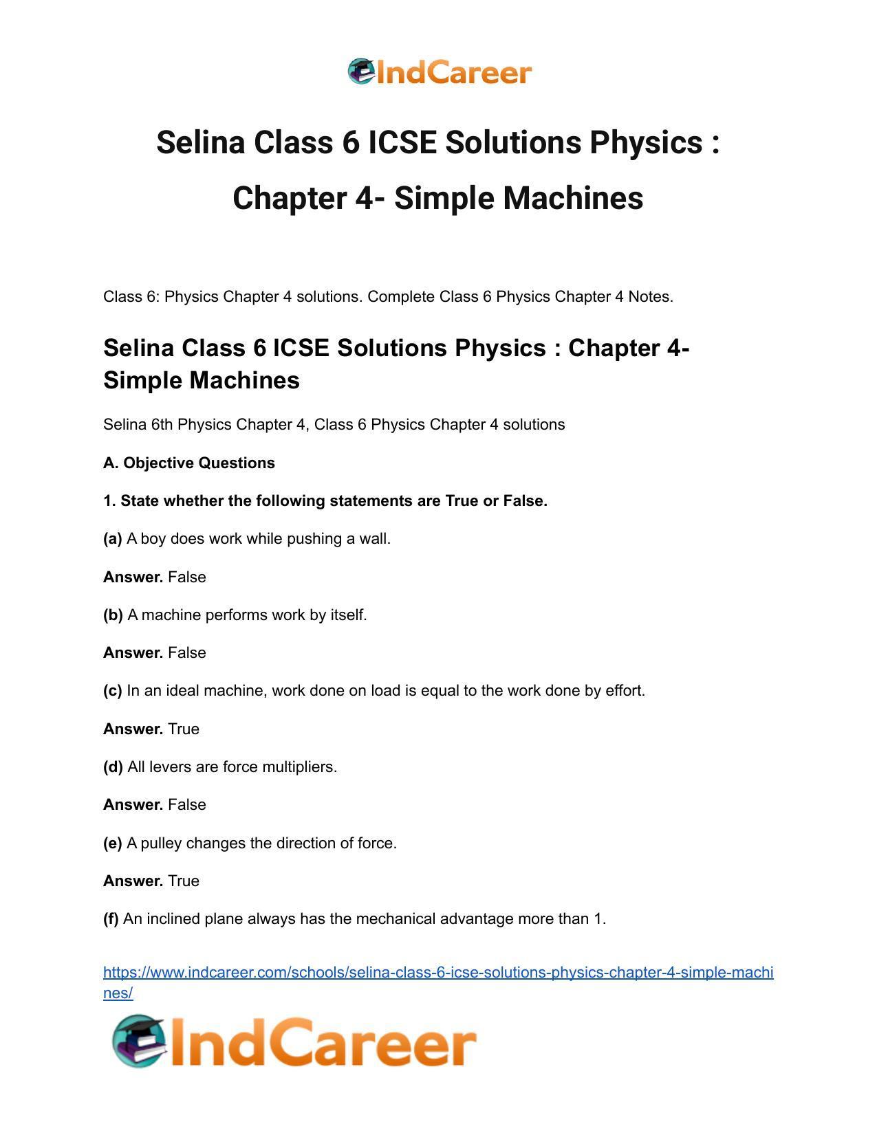Selina Class 6 ICSE Solutions Physics : Chapter 4- Simple Machines - Page 2