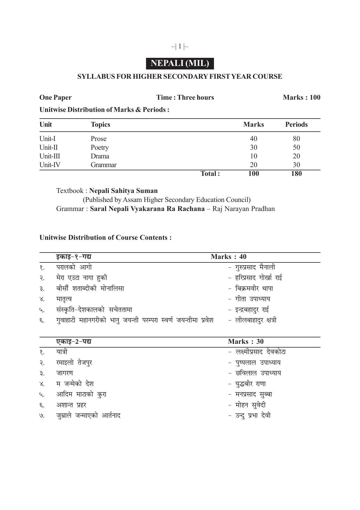 AHSEC 1st Year Nepali-MIL Syllabus - Page 1