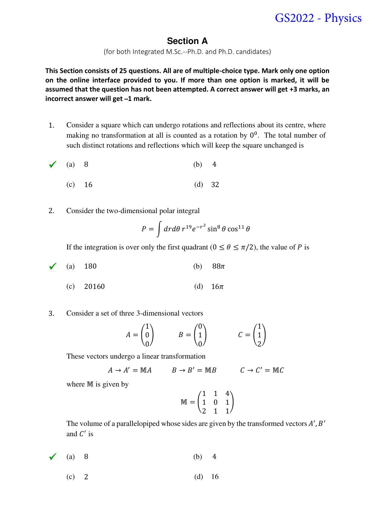 TIFR GS 2022 Physics Question Paper - IndCareer Docs