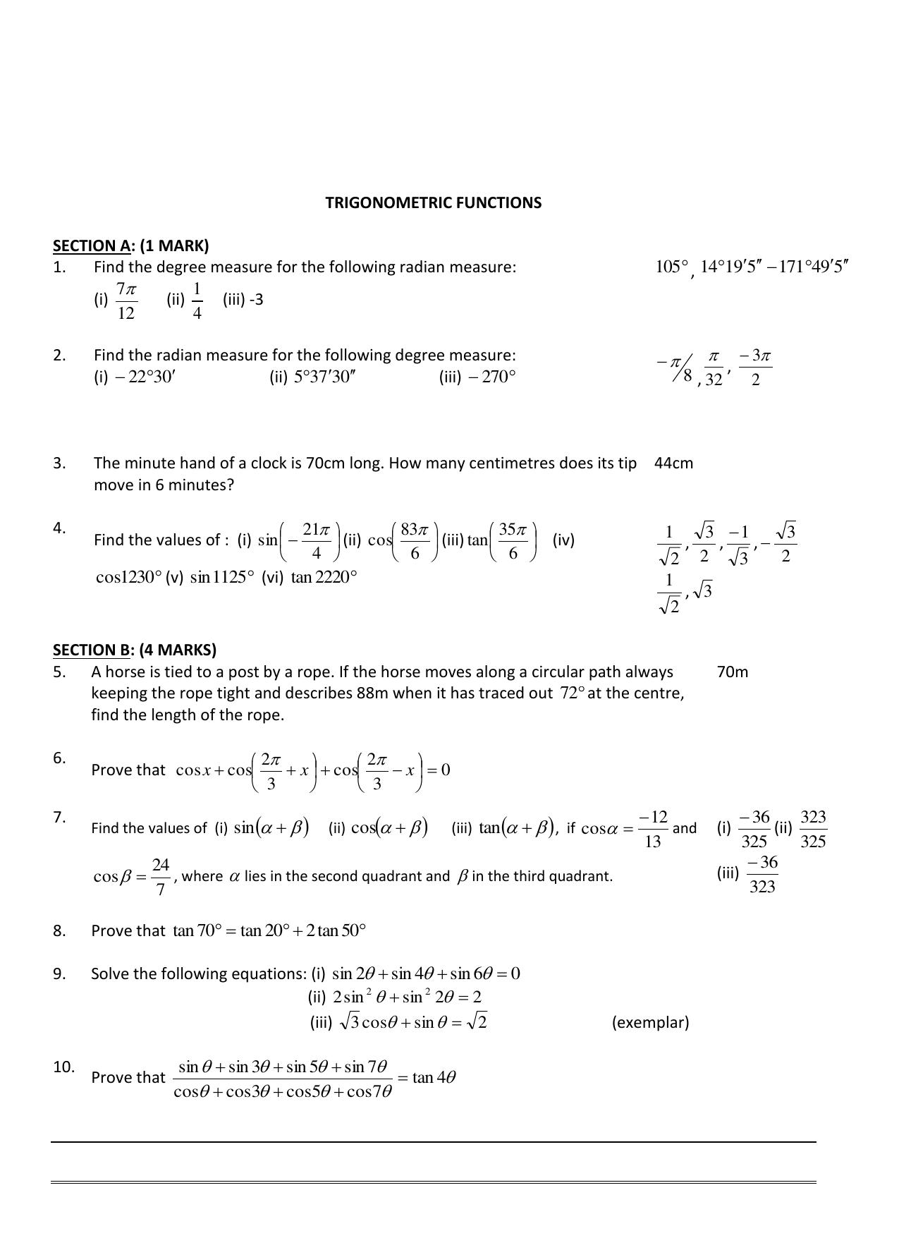 CBSE Worksheets for Class 11 Mathematics Trigonometric Ratios Assignment 2 - Page 1