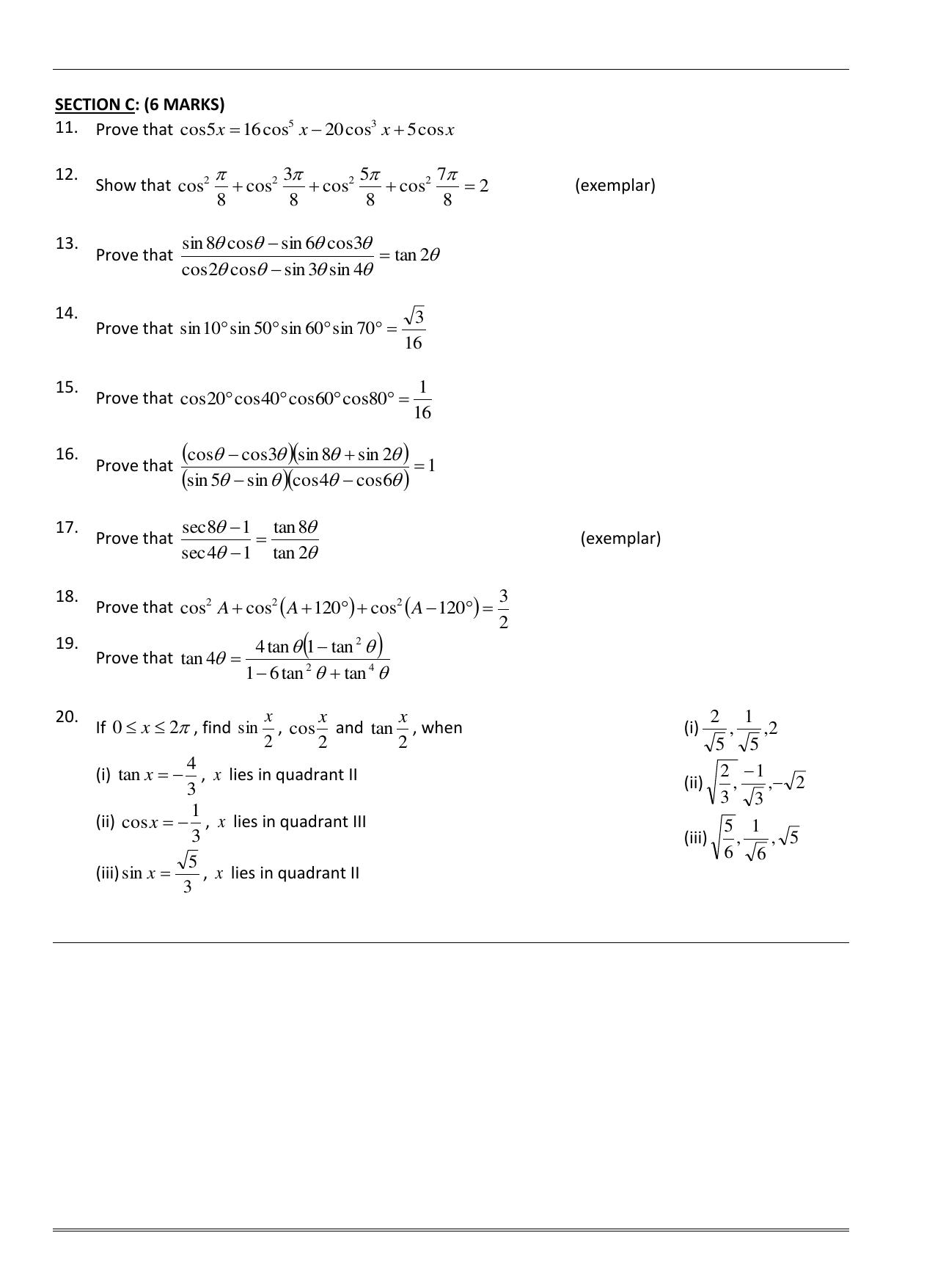 CBSE Worksheets for Class 11 Mathematics Trigonometric Ratios Assignment 2 - Page 2