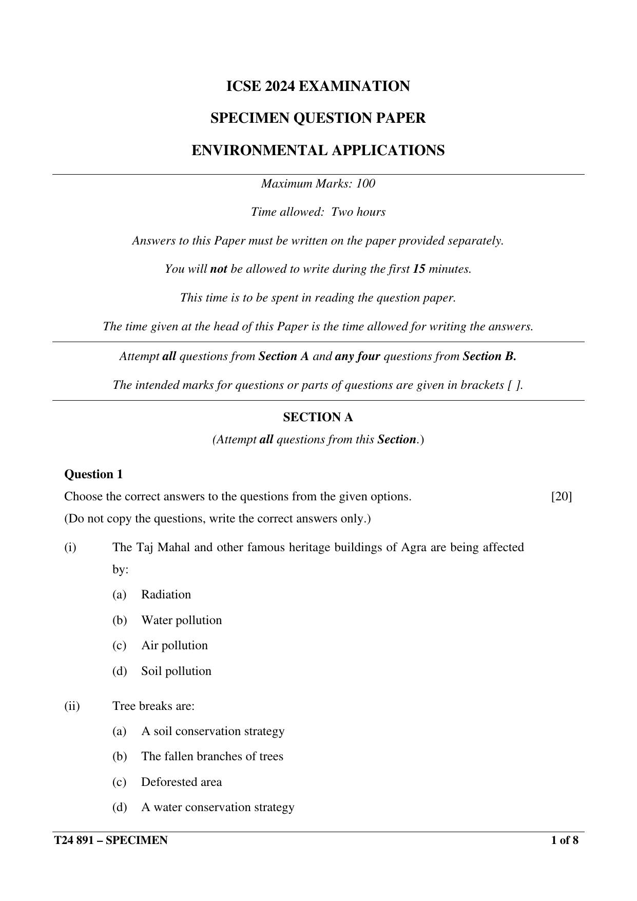 ICSE Class 10  2024 ENVIRONMENTAL APPLICATIONS Sample Paper - Page 1