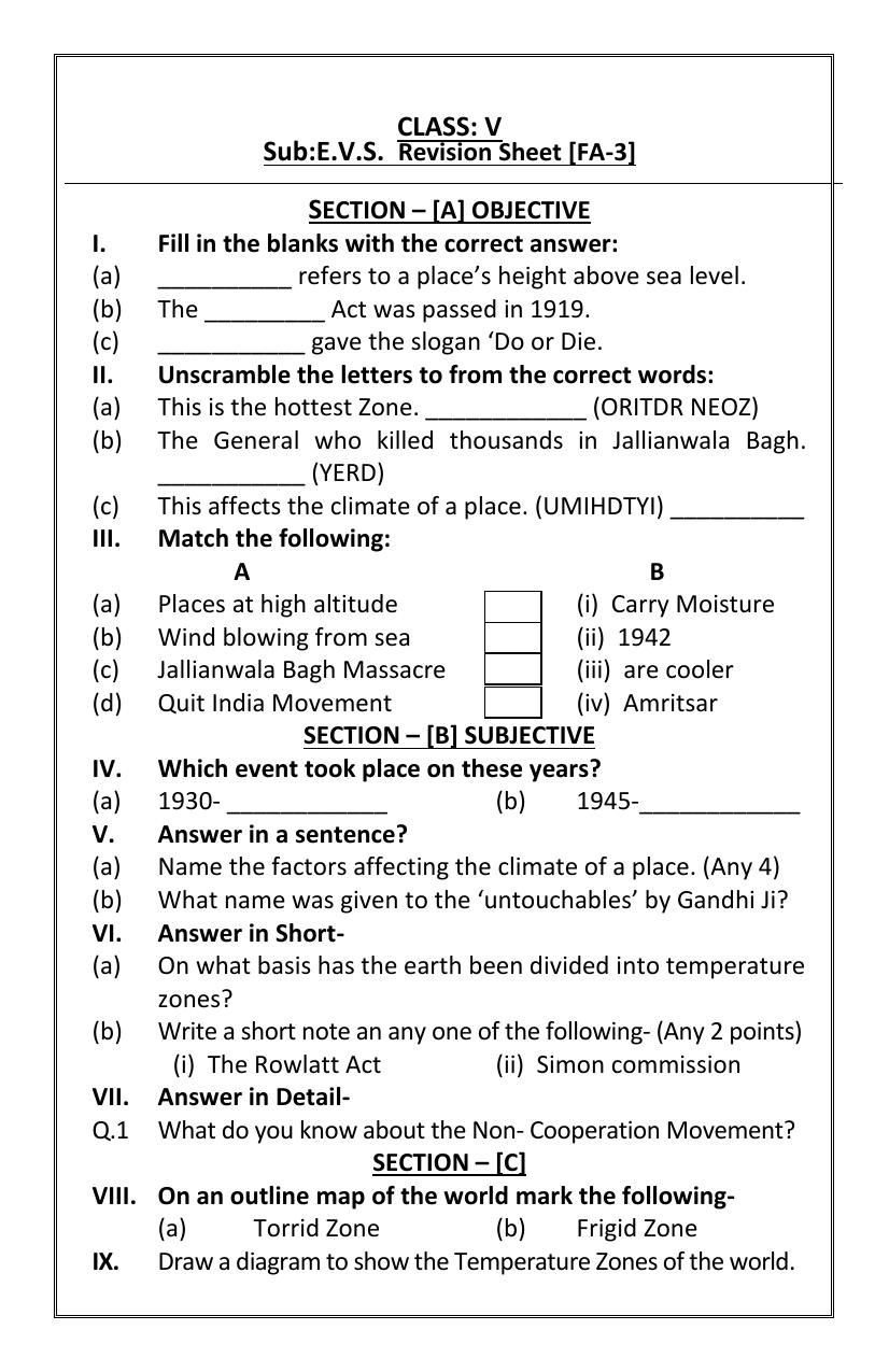 Worksheet for Class 5 Environmental Studies Assignment 8 - Page 1