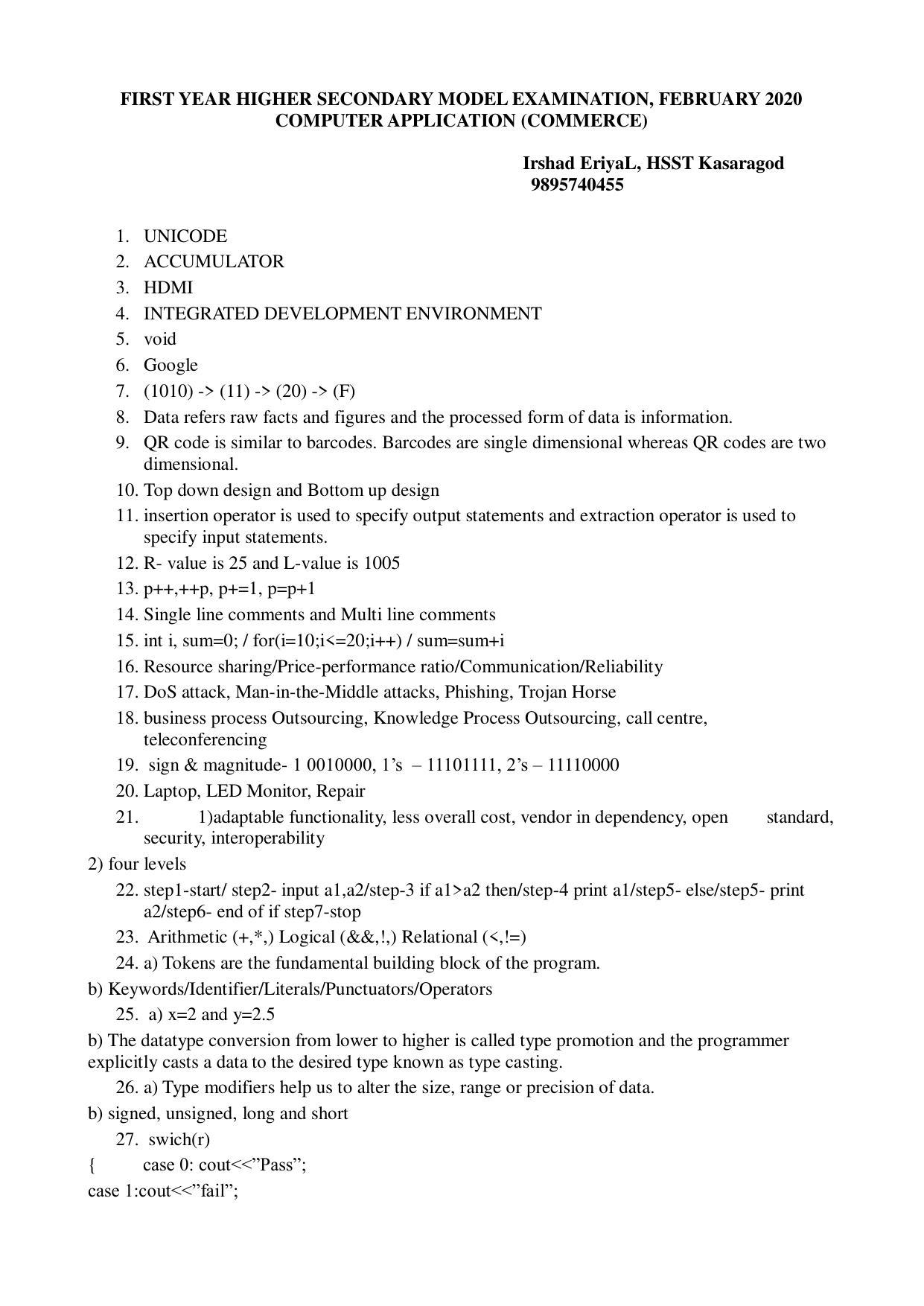Kerala Plus One 2020 CA Commerce Question Papers (Model) - Page 1