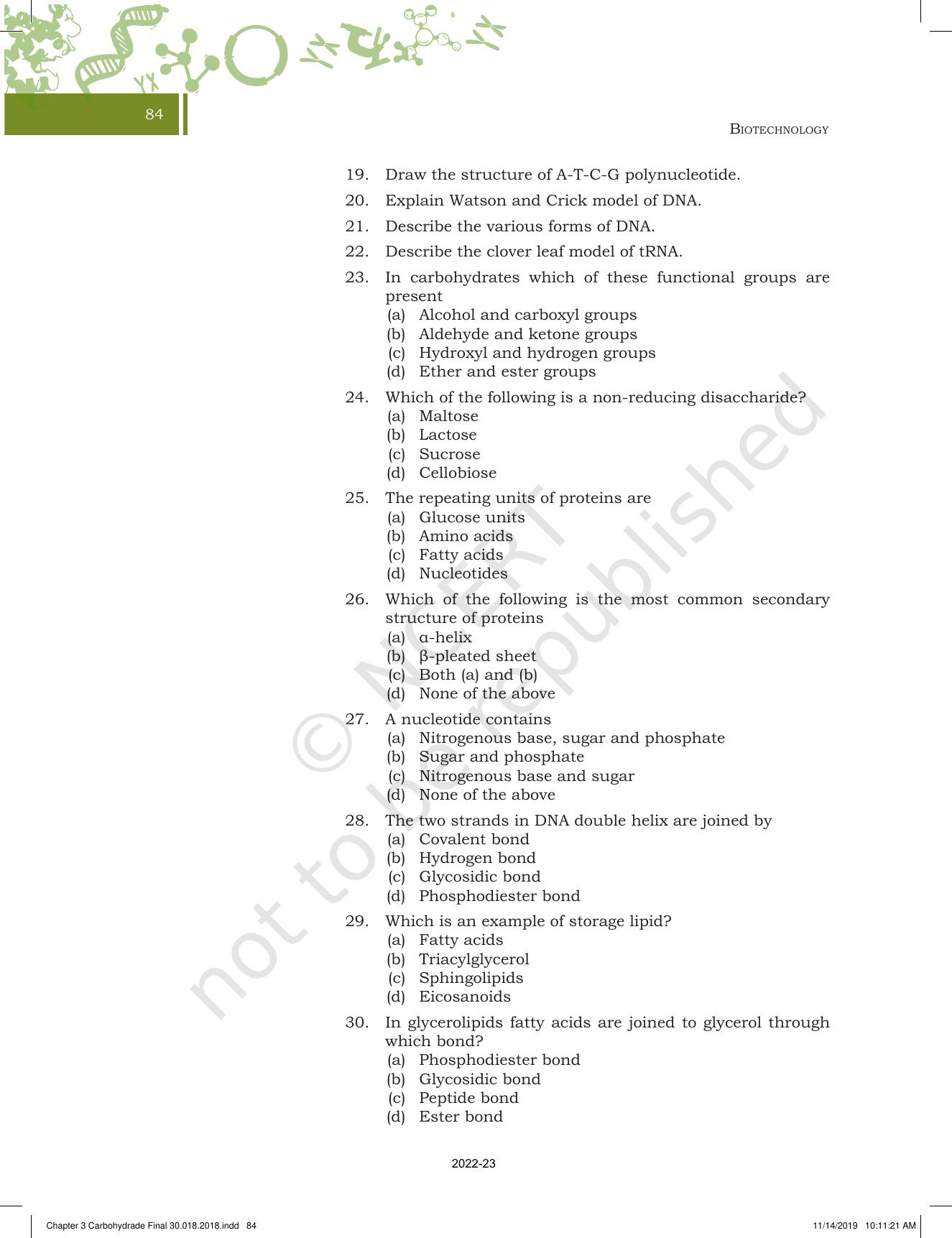 NCERT Book For Class 11 Biotechnology Chapter 3 Biomolecules